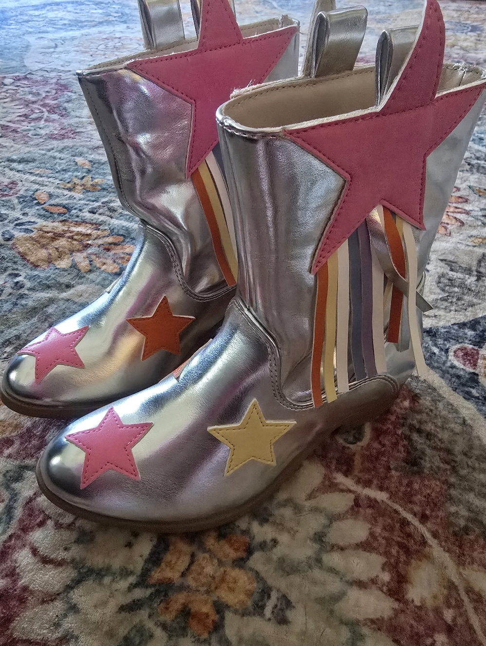 Silver Metallic Star Kids Boots with Pink & Yellow Accents Dream Paris size 1